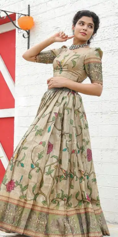 PC 337 Chiku Color Malhari Silk Kalamkari Printed Lehenga Choli Casual, Party Wear, Events, Festivals Wear Expected Delivery 4-6 Working Days @2099/- | Bollywood Lehenga, Creative Lehenga, Designer Lehenga, Embroidered Lehenga, Lehenga, Party Wear Lehenga