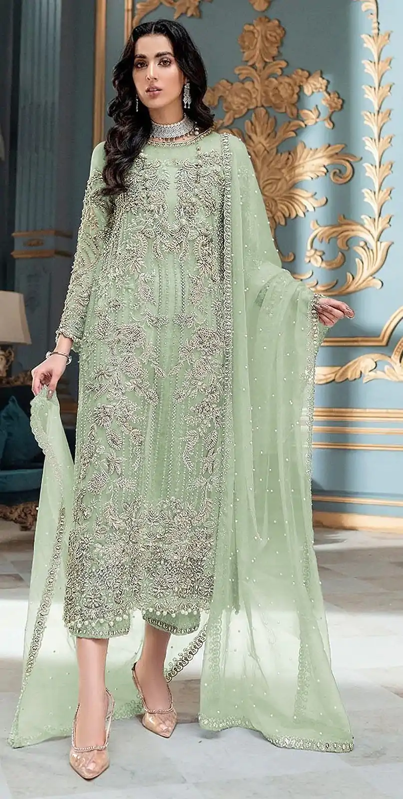 FC MARIA 1032 Light Green Color Organza Embroidery Sequence Salwar Suit Wedding, Party, Festive events, etc.  Expected Delivery  4-6 Working Days @2099/- | Jump Suits, Casual Suits, Creative suits, Designer Suits, Palazzo Suits, Party Wear Suits, Patiala Suits, Salwar suit, Straight Suits