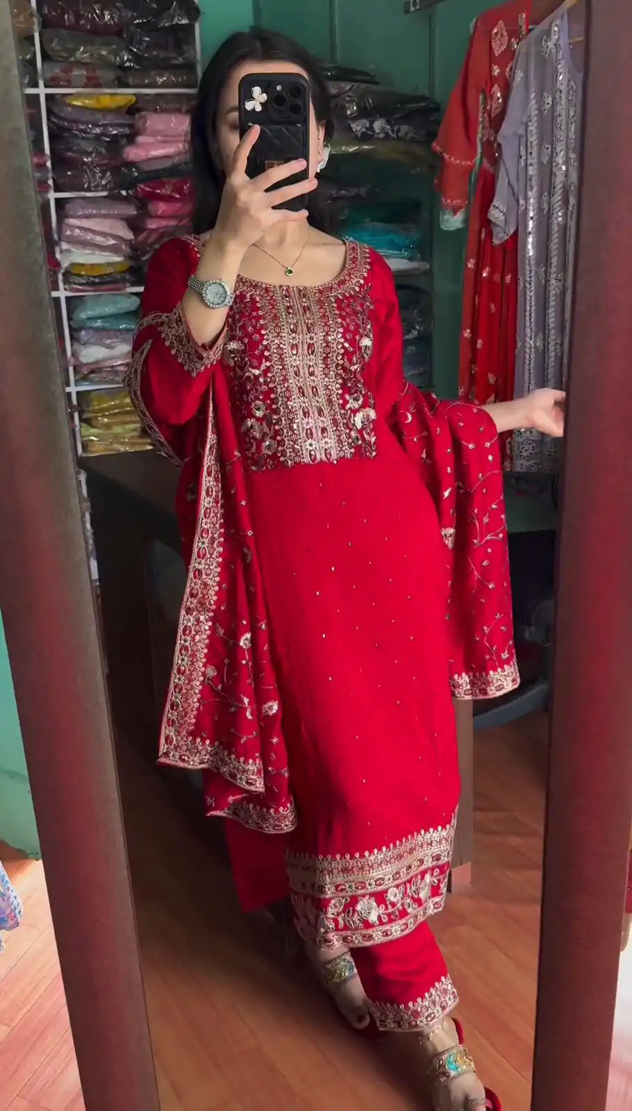 SRK 5174 Red Color Chinnon Coding Coding Salwar Suit Casual, Wedding, Party, Festive, Events Etc. Expected Delivery 4-6 Working Days @1999/- | Jump Suits, Casual Suits, Creative suits, Designer Suits, Palazzo Suits, Party Wear Suits, Patiala Suits, Salwar suit, Straight Suits
