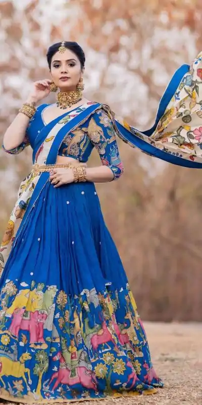 PC 357 Blue Color Chant Crepe Kalamkari Printed Lehenga Choli Casual, Party Wear, Events, Festivals Wear Expected Delivery 4-6 Working Days @2099/- | Bollywood Lehenga, Creative Lehenga, Designer Lehenga, Embroidered Lehenga, Lehenga, Party Wear Lehenga