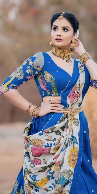 PC 357 Blue Color Chant Crepe Kalamkari Printed Lehenga Choli Casual, Party Wear, Events, Festivals Wear Expected Delivery 4-6 Working Days @2099/- | Bollywood Lehenga, Creative Lehenga, Designer Lehenga, Embroidered Lehenga, Lehenga, Party Wear Lehenga