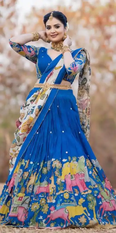 PC 357 Blue Color Chant Crepe Kalamkari Printed Lehenga Choli Casual, Party Wear, Events, Festivals Wear Expected Delivery 4-6 Working Days @2099/- | Bollywood Lehenga, Creative Lehenga, Designer Lehenga, Embroidered Lehenga, Lehenga, Party Wear Lehenga