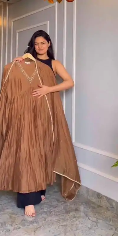 AD 152 Brown Color Pure Chinon Silk Embroidery Sharara Suit Fancy Full Sleeve Wedding, Party, Festive, Events Etc. Expected Delivery 4-6 Working Days @1799/ | Jump Suits, Casual Suits, Creative suits, Designer Suits, Palazzo Suits, Party Wear Suits, Patiala Suits, Salwar suit, Straight Suits