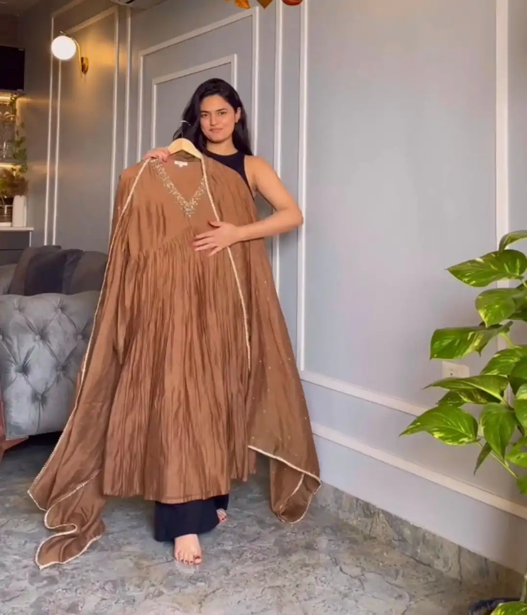 AD 152 Brown Color Pure Chinon Silk Embroidery Sharara Suit Fancy Full Sleeve Wedding, Party, Festive, Events Etc. Expected Delivery 4-6 Working Days @1799/ | Jump Suits, Casual Suits, Creative suits, Designer Suits, Palazzo Suits, Party Wear Suits, Patiala Suits, Salwar suit, Straight Suits