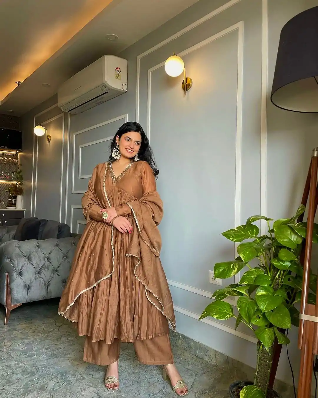 AD 152 Brown Color Pure Chinon Silk Embroidery Sharara Suit Fancy Full Sleeve Wedding, Party, Festive, Events Etc. Expected Delivery 4-6 Working Days @1799/ | Jump Suits, Casual Suits, Creative suits, Designer Suits, Palazzo Suits, Party Wear Suits, Patiala Suits, Salwar suit, Straight Suits
