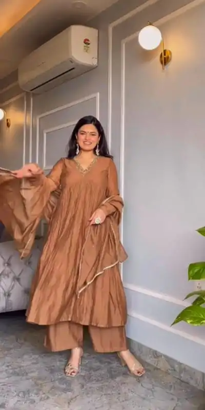 AD 152 Brown Color Pure Chinon Silk Embroidery Sharara Suit Fancy Full Sleeve Wedding, Party, Festive, Events Etc. Expected Delivery 4-6 Working Days @1799/ | Jump Suits, Casual Suits, Creative suits, Designer Suits, Palazzo Suits, Party Wear Suits, Patiala Suits, Salwar suit, Straight Suits