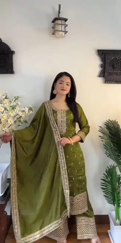 SRK 5140 Green Color Pure Chinnon Silk Embroidery Sequence Salwar Suit Wedding, Party, Festive, Events Expected Delivery 4-6 Working Days @ 1899/- | Jump Suits, Casual Suits, Creative suits, Designer Suits, Palazzo Suits, Party Wear Suits, Patiala Suits, Salwar suit, Straight Suits