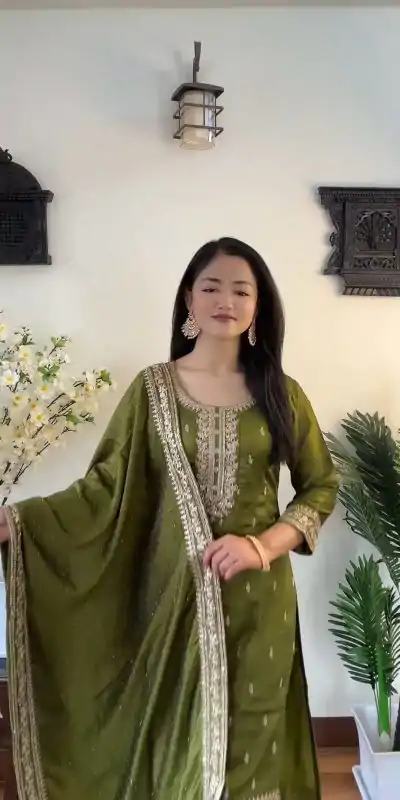 SRK 5140 Green Color Pure Chinnon Silk Embroidery Sequence Salwar Suit Wedding, Party, Festive, Events Expected Delivery 4-6 Working Days @ 1899/- | Jump Suits, Casual Suits, Creative suits, Designer Suits, Palazzo Suits, Party Wear Suits, Patiala Suits, Salwar suit, Straight Suits