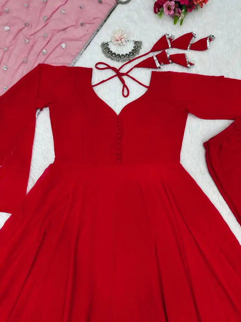  KD 1308 Red Color Faux Georgette Plain Work Anarkali Suite Casual, Wedding, Party, Festive, Events Etc. Expected Delivery 4-6 Working Days @1799/- | Anarkali Suits, Creative-Anarkali, Designer Anarkali, Embroidered Anarkali, Party Wear Anarkali