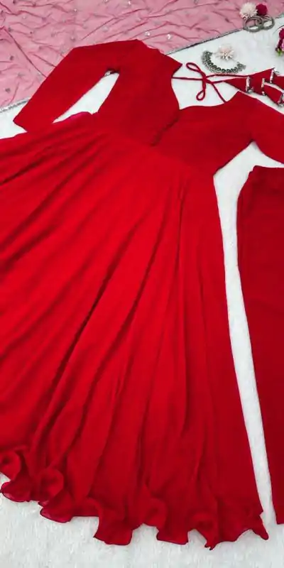 KD 1308 Red Color Faux Georgette Plain Work Anarkali Suite Casual, Wedding, Party, Festive, Events Etc. Expected Delivery 4-6 Working Days @1799/- | Anarkali Suits, Creative-Anarkali, Designer Anarkali, Embroidered Anarkali, Party Wear Anarkali