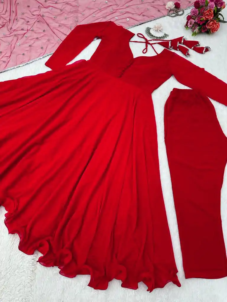  KD 1308 Red Color Faux Georgette Plain Work Anarkali Suite Casual, Wedding, Party, Festive, Events Etc. Expected Delivery 4-6 Working Days @1799/- | Anarkali Suits, Creative-Anarkali, Designer Anarkali, Embroidered Anarkali, Party Wear Anarkali