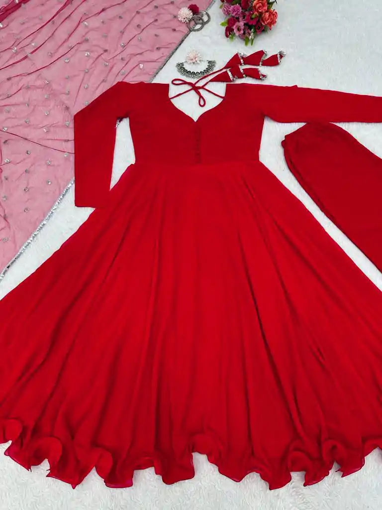  KD 1308 Red Color Faux Georgette Plain Work Anarkali Suite Casual, Wedding, Party, Festive, Events Etc. Expected Delivery 4-6 Working Days @1799/- | Anarkali Suits, Creative-Anarkali, Designer Anarkali, Embroidered Anarkali, Party Wear Anarkali