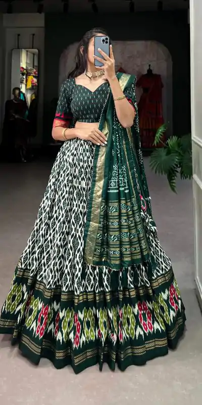 LNB 1223 Green Color Aglow Tussar Silk Ikkat Print Foil Work Lehenga Choli Wedding, Festive, Events Expected Delivery 4-6 Working Days@2449/- Only | Bollywood Lehenga, Creative Lehenga, Designer Lehenga, Embroidered Lehenga, Lehenga, Party Wear Lehenga