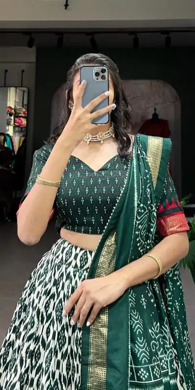 LNB 1223 Green Color Aglow Tussar Silk Ikkat Print Foil Work Lehenga Choli Wedding, Festive, Events Expected Delivery 4-6 Working Days@2449/- Only | Bollywood Lehenga, Creative Lehenga, Designer Lehenga, Embroidered Lehenga, Lehenga, Party Wear Lehenga