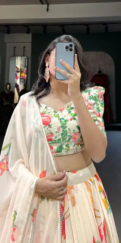 LNB 1021 Cream Color Grand Georgette Floral Printed Lehenga Choli Casual, Wedding, Festive, Events Expected Delivery 4-6 Working Days @2099/- | Bollywood Lehenga, Creative Lehenga, Designer Lehenga, Embroidered Lehenga, Lehenga, Party Wear Lehenga