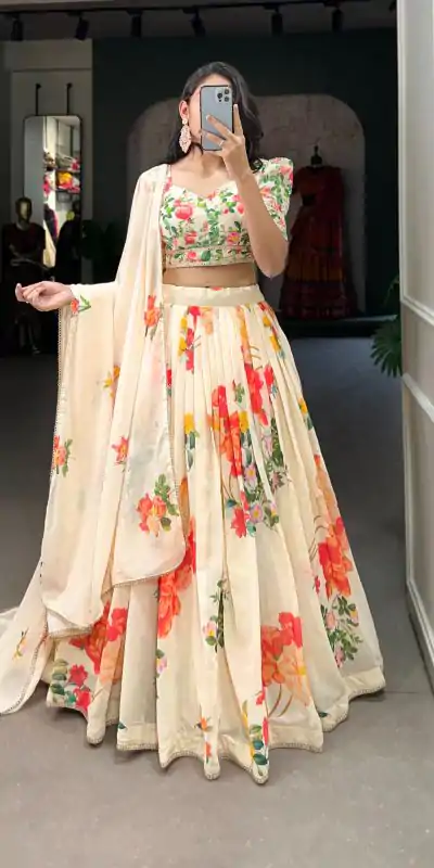 LNB 1021 Cream Color Grand Georgette Floral Printed Lehenga Choli Casual, Wedding, Festive, Events Expected Delivery 4-6 Working Days @2099/- | Bollywood Lehenga, Creative Lehenga, Designer Lehenga, Embroidered Lehenga, Lehenga, Party Wear Lehenga