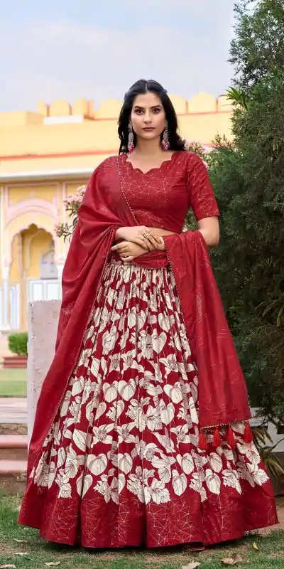 LNB 1213 Red Color Pretty Tussar Silk Floral And Foil Printed Lehenga Choli Wedding, Festive, Events Expected Delivery 4-6 Working Days@2449/- Only | Bollywood Lehenga, Creative Lehenga, Designer Lehenga, Embroidered Lehenga, Lehenga, Party Wear Lehenga