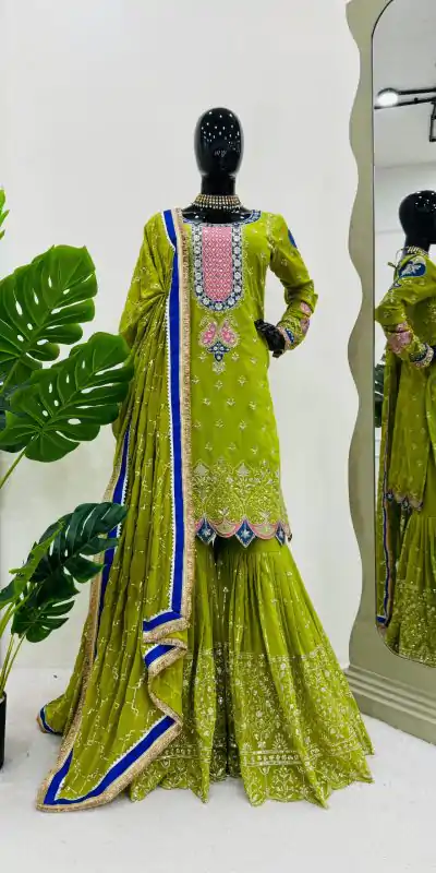 RTC 5776 Mehndi Green Foux Gorgette Embroidery Sequence Salwar Suit Casual, Wedding, Party, Festive, Events Etc. 4-6 Working Days @ 2599/- only | Jump Suits, Casual Suits, Creative suits, Designer Suits, Palazzo Suits, Party Wear Suits, Patiala Suits, Salwar suit, Straight Suits