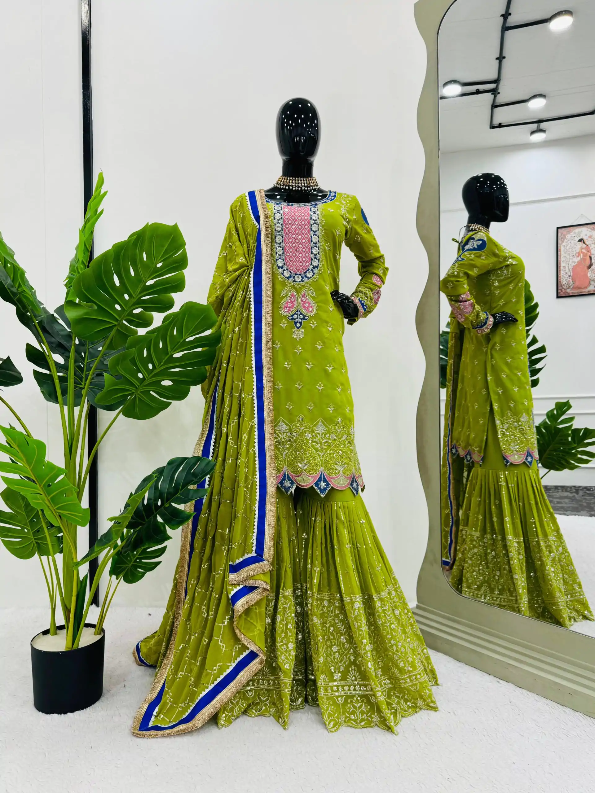 RTC 5776 Mehndi Green Foux Gorgette Embroidery Sequence Salwar Suit Casual, Wedding, Party, Festive, Events Etc. 4-6 Working Days @ 2599/- only | Jump Suits, Casual Suits, Creative suits, Designer Suits, Palazzo Suits, Party Wear Suits, Patiala Suits, Salwar suit, Straight Suits
