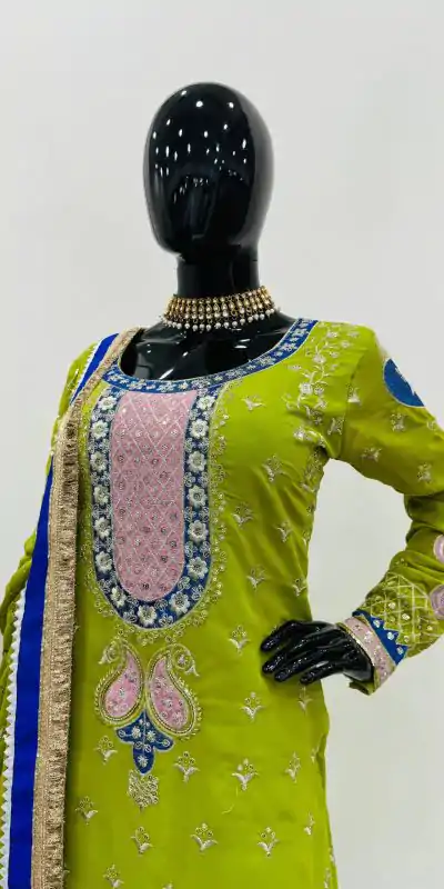 RTC 5776 Mehndi Green Foux Gorgette Embroidery Sequence Salwar Suit Casual, Wedding, Party, Festive, Events Etc. 4-6 Working Days @ 2599/- only | Jump Suits, Casual Suits, Creative suits, Designer Suits, Palazzo Suits, Party Wear Suits, Patiala Suits, Salwar suit, Straight Suits