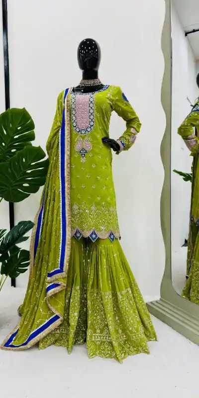 RTC 5776 Mehndi Green Foux Gorgette Embroidery Sequence Salwar Suit Casual, Wedding, Party, Festive, Events Etc. 4-6 Working Days @ 2599/- only | Jump Suits, Casual Suits, Creative suits, Designer Suits, Palazzo Suits, Party Wear Suits, Patiala Suits, Salwar suit, Straight Suits