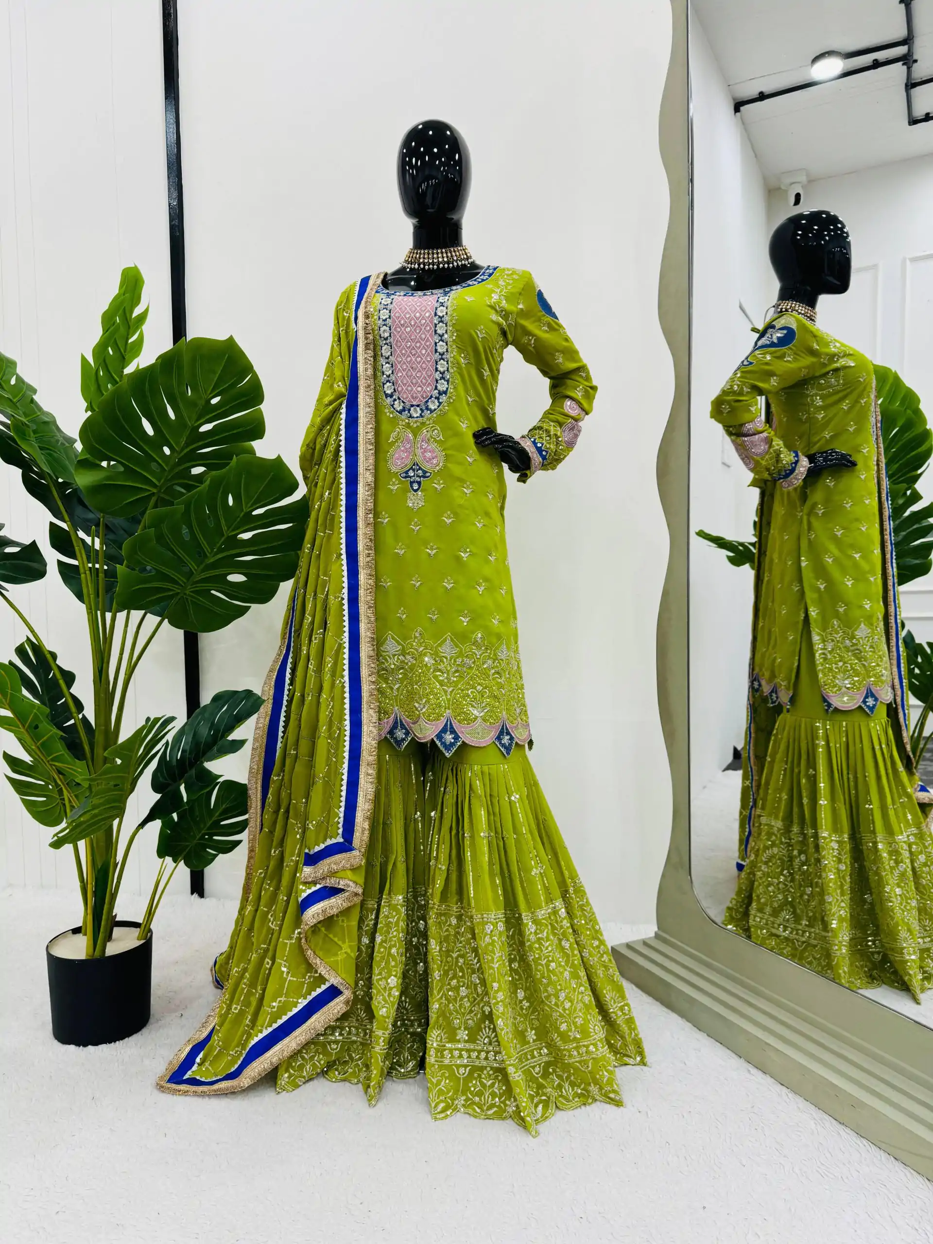 RTC 5776 Mehndi Green Foux Gorgette Embroidery Sequence Salwar Suit Casual, Wedding, Party, Festive, Events Etc. 4-6 Working Days @ 2599/- only | Jump Suits, Casual Suits, Creative suits, Designer Suits, Palazzo Suits, Party Wear Suits, Patiala Suits, Salwar suit, Straight Suits