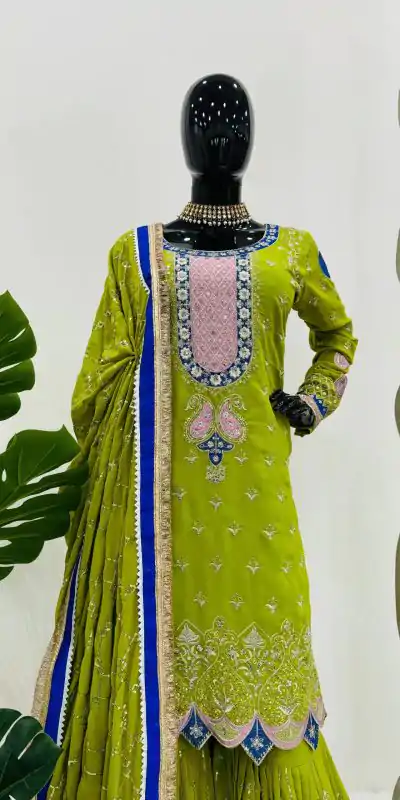 RTC 5776 Mehndi Green Foux Gorgette Embroidery Sequence Salwar Suit Casual, Wedding, Party, Festive, Events Etc. 4-6 Working Days @ 2599/- only | Jump Suits, Casual Suits, Creative suits, Designer Suits, Palazzo Suits, Party Wear Suits, Patiala Suits, Salwar suit, Straight Suits