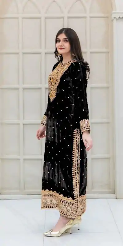 SR-1652 Black Color Velvet Georgette Embroidery Sequence Salwar Suit Casual, Wedding, Party, Festive, Events Etc.4-6 Working Days@ 2049/-only | Jump Suits, Casual Suits, Creative suits, Designer Suits, Palazzo Suits, Party Wear Suits, Patiala Suits, Salwar suit, Straight Suits
