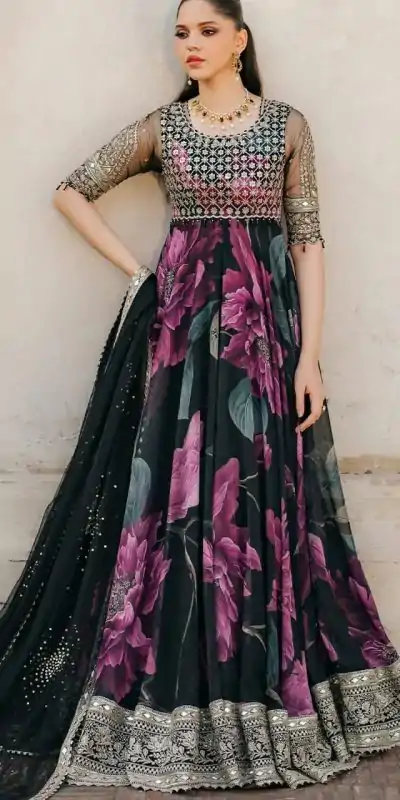 RTC 5772 Deep Purple And Black Color Foux Gorgette with digital print Wedding, Party, Festive, Events Etc.4-6 Working Days @2199/-only  | Bollywood Gowns, Creative Gowns, Designer Gowns, Embroidered Gowns, Gowns, Party Wear Gowns