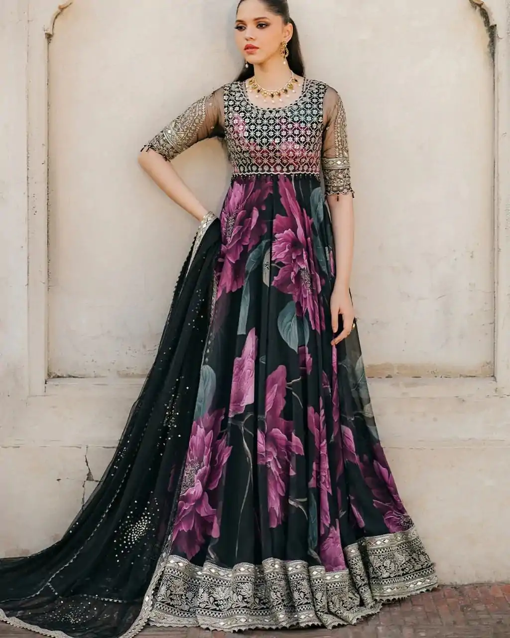 RTC 5772 Deep Purple And Black Color Foux Gorgette with digital print Wedding, Party, Festive, Events Etc.4-6 Working Days @2199/-only  | Bollywood Gowns, Creative Gowns, Designer Gowns, Embroidered Gowns, Gowns, Party Wear Gowns