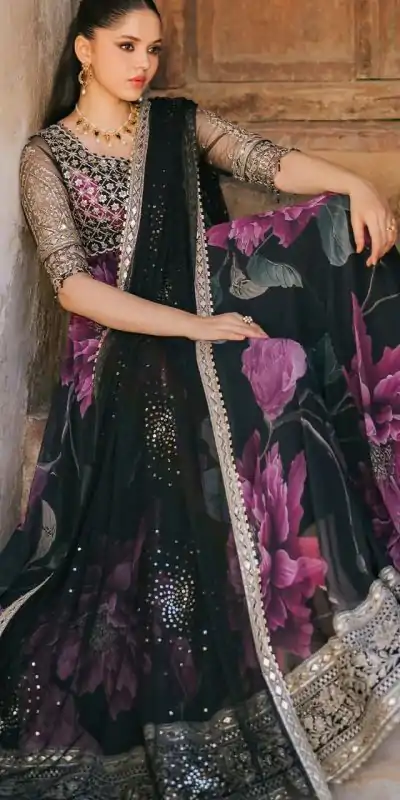 RTC 5772 Deep Purple And Black Color Foux Gorgette with digital print Wedding, Party, Festive, Events Etc.4-6 Working Days @2199/-only  | Bollywood Gowns, Creative Gowns, Designer Gowns, Embroidered Gowns, Gowns, Party Wear Gowns