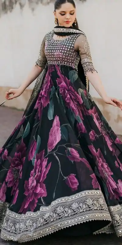 RTC 5772 Deep Purple And Black Color Foux Gorgette with digital print Wedding, Party, Festive, Events Etc.4-6 Working Days @2199/-only  | Bollywood Gowns, Creative Gowns, Designer Gowns, Embroidered Gowns, Gowns, Party Wear Gowns