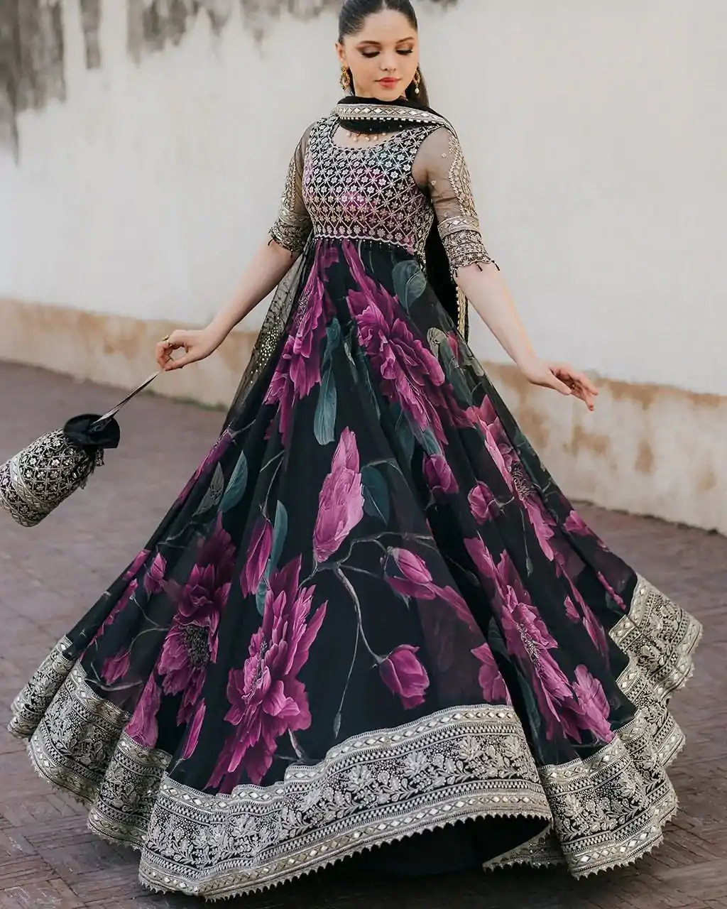 RTC 5772 Deep Purple And Black Color Foux Gorgette with digital print Wedding, Party, Festive, Events Etc.4-6 Working Days @2199/-only  | Bollywood Gowns, Creative Gowns, Designer Gowns, Embroidered Gowns, Gowns, Party Wear Gowns