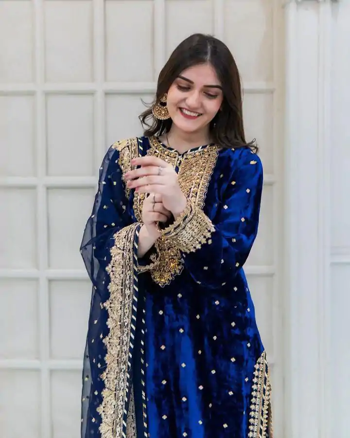 SR-1652 Blue Color Velvet Georgette Embroidery Sequence Salwar Suit Casual, Wedding, Party, Festive, Events Etc.4-6 Working Days@ 2049/-only  | Jump Suits, Casual Suits, Creative suits, Designer Suits, Palazzo Suits, Party Wear Suits, Patiala Suits, Salwar suit, Straight Suits
