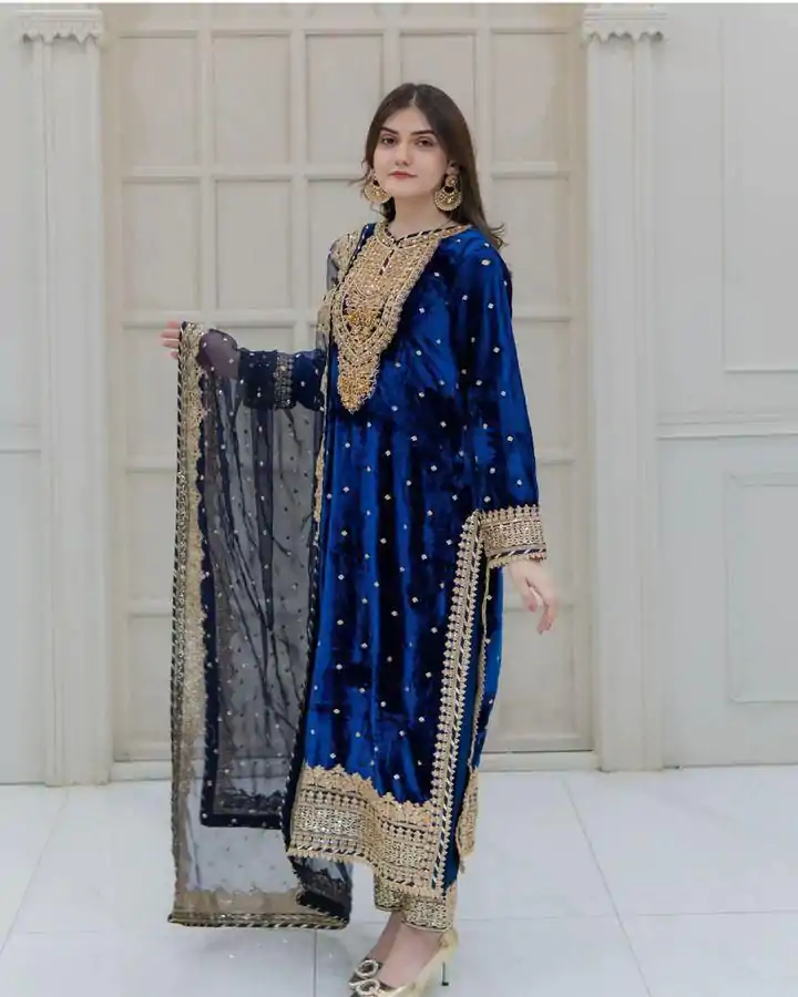 SR-1652 Blue Color Velvet Georgette Embroidery Sequence Salwar Suit Casual, Wedding, Party, Festive, Events Etc.4-6 Working Days@ 2049/-only  | Jump Suits, Casual Suits, Creative suits, Designer Suits, Palazzo Suits, Party Wear Suits, Patiala Suits, Salwar suit, Straight Suits