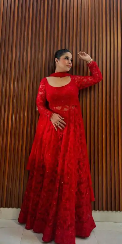 --RTC 5770 Red Color Buttrerfly Net Thread With Sequnce Kurti Casual, Wedding, Party, Festive, Events Etc.4-6 Working Days@2299/- only | Bollywood Kurti, Creative Kurtis, Designer Kurti, Kurti, Party Wear Kurti, Selfie Kurti