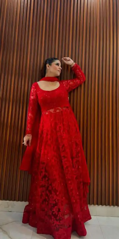 --RTC 5770 Red Color Buttrerfly Net Thread With Sequnce Kurti Casual, Wedding, Party, Festive, Events Etc.4-6 Working Days@2299/- only | Bollywood Kurti, Creative Kurtis, Designer Kurti, Kurti, Party Wear Kurti, Selfie Kurti