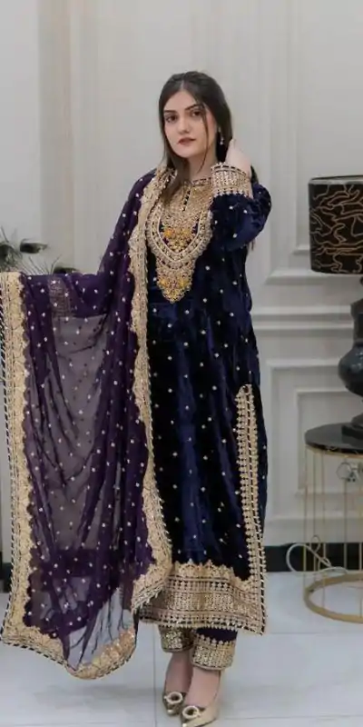 SR-1652 Navy Blue Color Velvet Georgette Embroidery Sequence Salwar Suit Casual, Wedding, Party, Festive, Events Etc.4-6 Working Days@ 2049/-only | Jump Suits, Casual Suits, Creative suits, Designer Suits, Palazzo Suits, Party Wear Suits, Patiala Suits, Salwar suit, Straight Suits