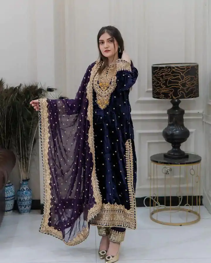 SR-1652 Navy Blue Color Velvet Georgette Embroidery Sequence Salwar Suit Casual, Wedding, Party, Festive, Events Etc.4-6 Working Days@ 2049/-only  | Jump Suits, Casual Suits, Creative suits, Designer Suits, Palazzo Suits, Party Wear Suits, Patiala Suits, Salwar suit, Straight Suits