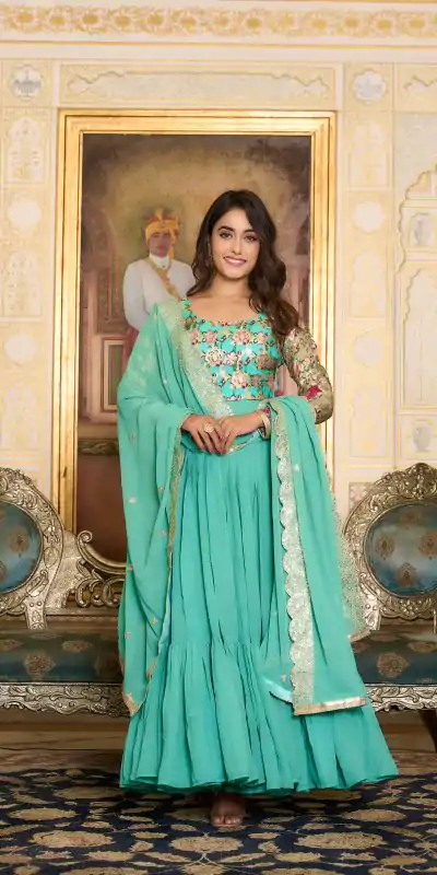 Ram 052 Sea Green Faux Color Fox Georgette Embroider Pure Zecard Work Gown Wedding Party, Festive, Events Etc.4-6 Working Days@2149/- only | Bollywood Gowns, Creative Gowns, Designer Gowns, Embroidered Gowns, Gowns, Party Wear Gowns, Straight Suits
