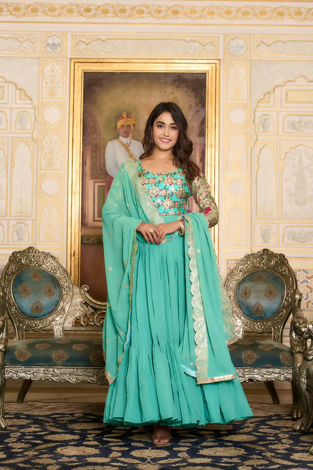  Ram 052 Sea Green Faux Color Fox Georgette Embroider Pure Zecard Work Gown Wedding Party, Festive, Events Etc.4-6 Working Days@2149/- only | Bollywood Gowns, Creative Gowns, Designer Gowns, Embroidered Gowns, Gowns, Party Wear Gowns, Straight Suits