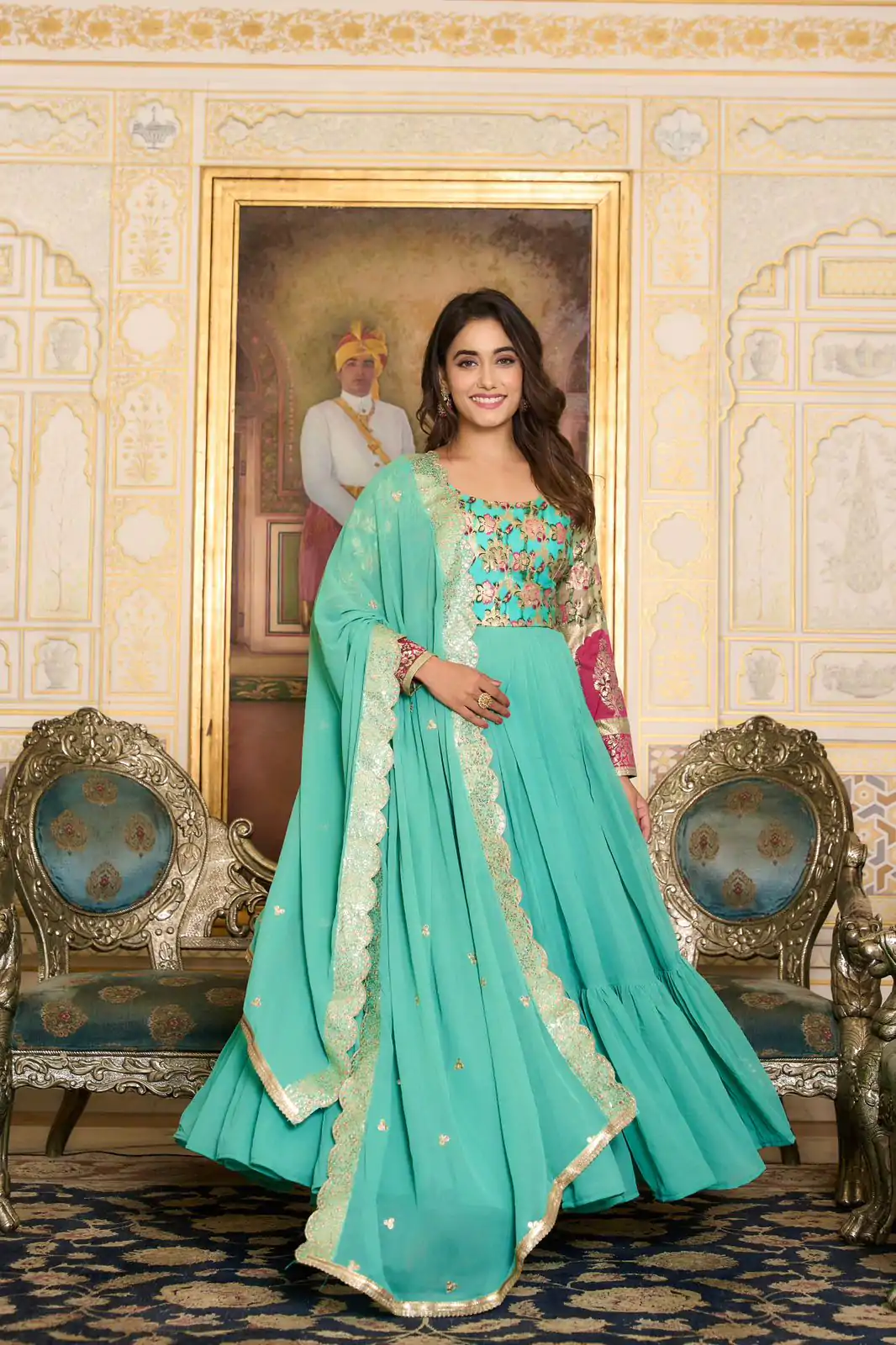  Ram 052 Sea Green Faux Color Fox Georgette Embroider Pure Zecard Work Gown Wedding Party, Festive, Events Etc.4-6 Working Days@2149/- only | Bollywood Gowns, Creative Gowns, Designer Gowns, Embroidered Gowns, Gowns, Party Wear Gowns, Straight Suits