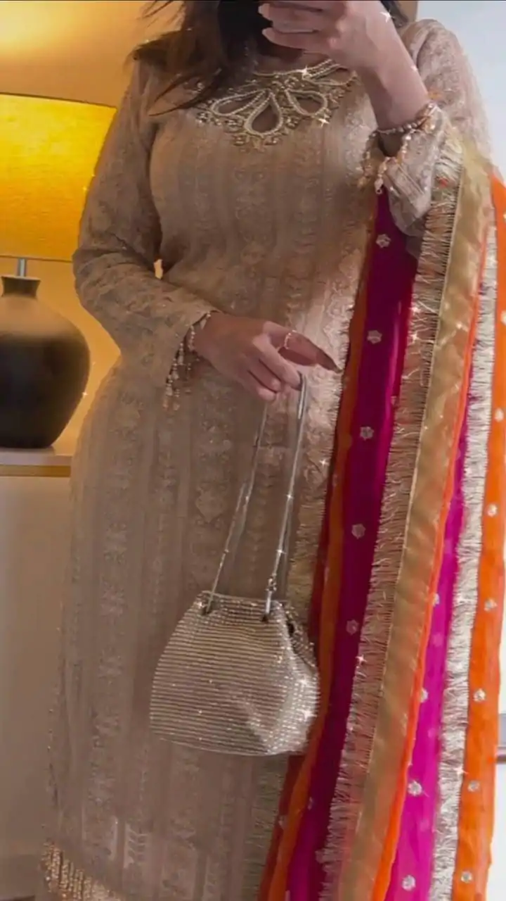 LG 1837Cream Faux Georgette Sequence Embroidery With Sharara Suit Wedding, Party, Festive, Events Etc.4-6 Working Days@2549/-only | Jump Suits, Casual Suits, Creative suits, Designer Suits, Palazzo Suits, Party Wear Suits, Patiala Suits, Salwar suit, Straight Suits