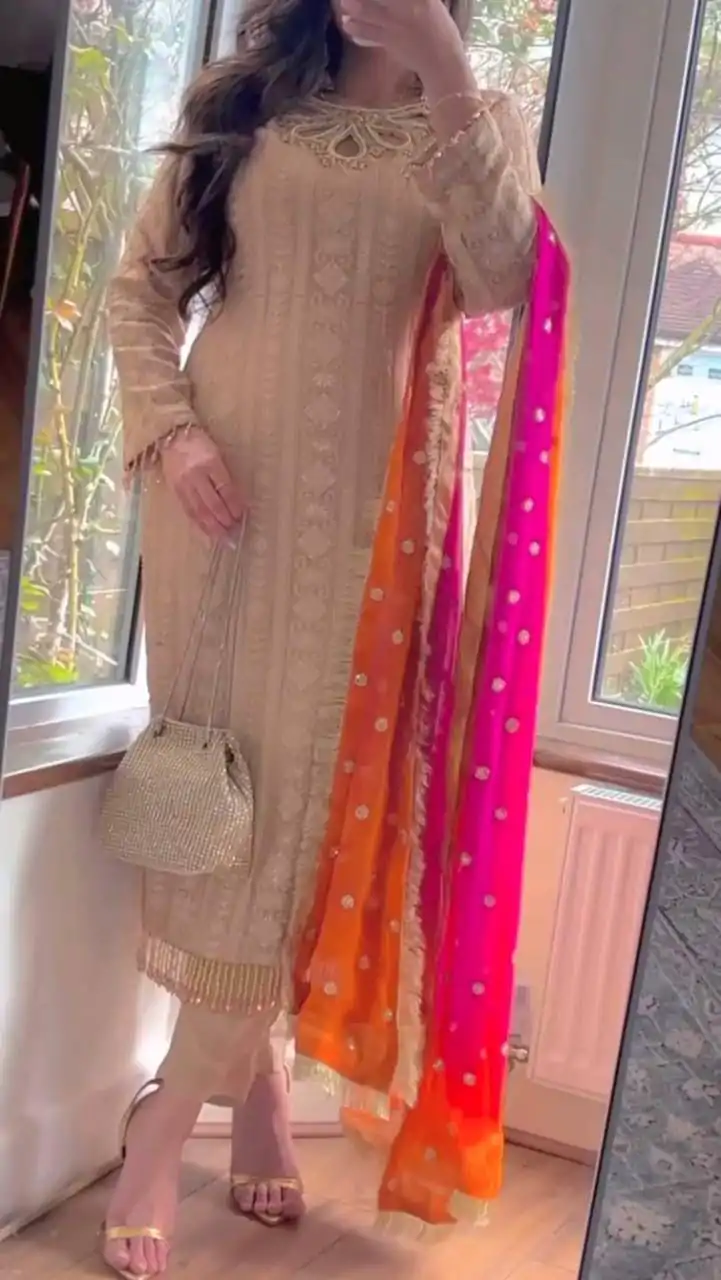 LG 1837Cream Faux Georgette Sequence Embroidery With Sharara Suit Wedding, Party, Festive, Events Etc.4-6 Working Days@2549/-only | Jump Suits, Casual Suits, Creative suits, Designer Suits, Palazzo Suits, Party Wear Suits, Patiala Suits, Salwar suit, Straight Suits