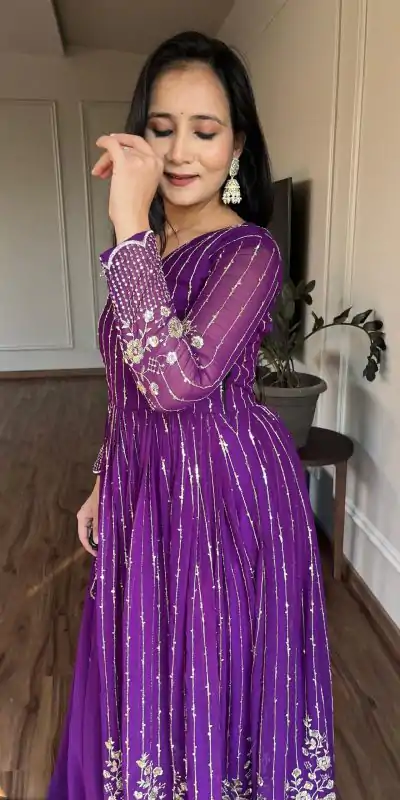 Ram 065 Purple Fox Georgette sequence Embroidery Work With Gown Wedding, Party, Festive, Events Etc.4-6 Working Days@ 2149/-only | Bollywood Gowns, Creative Gowns, Designer Gowns, Embroidered Gowns, Gowns, Party Wear Gowns