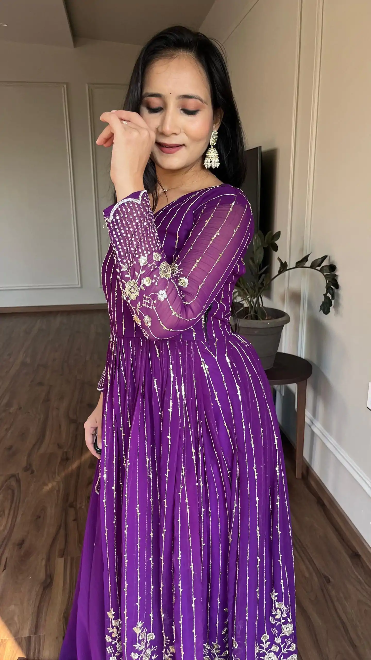 Ram 065 Purple Fox Georgette sequence Embroidery Work With Gown Wedding, Party, Festive, Events Etc.4-6 Working Days@ 2149/-only | Bollywood Gowns, Creative Gowns, Designer Gowns, Embroidered Gowns, Gowns, Party Wear Gowns