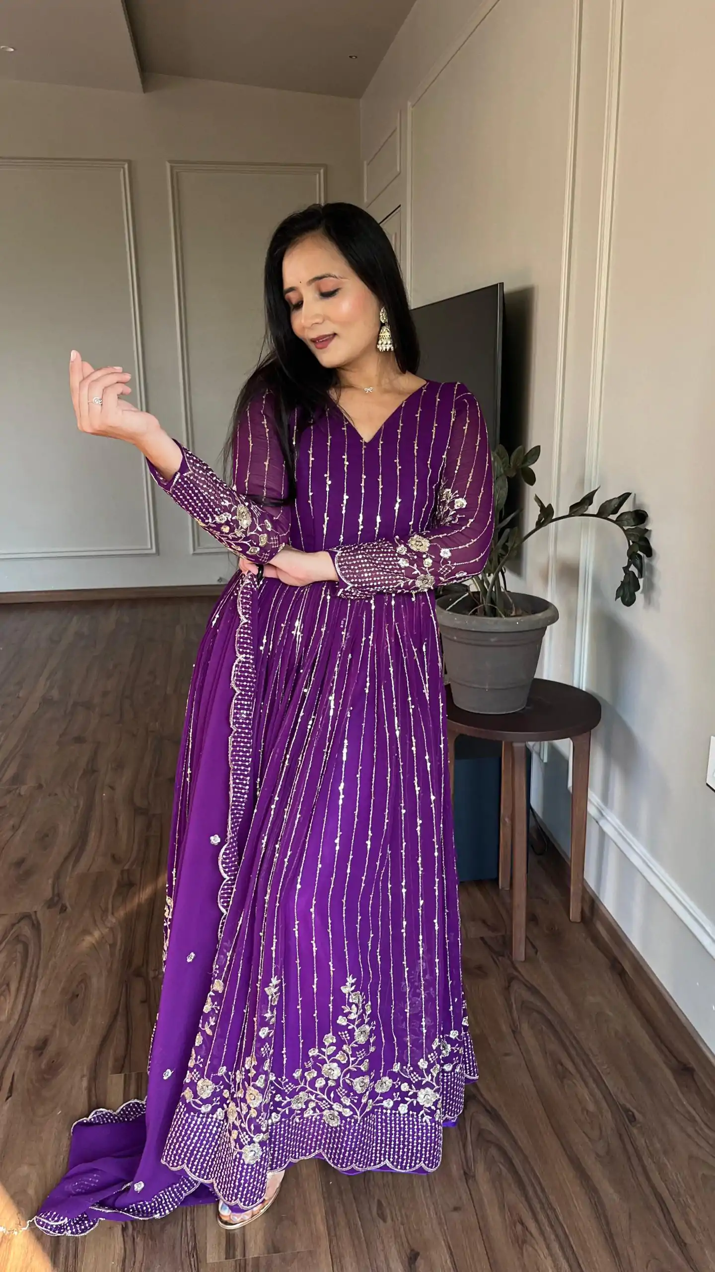 Ram 065 Purple Fox Georgette sequence Embroidery Work With Gown Wedding, Party, Festive, Events Etc.4-6 Working Days@ 2149/-only | Bollywood Gowns, Creative Gowns, Designer Gowns, Embroidered Gowns, Gowns, Party Wear Gowns