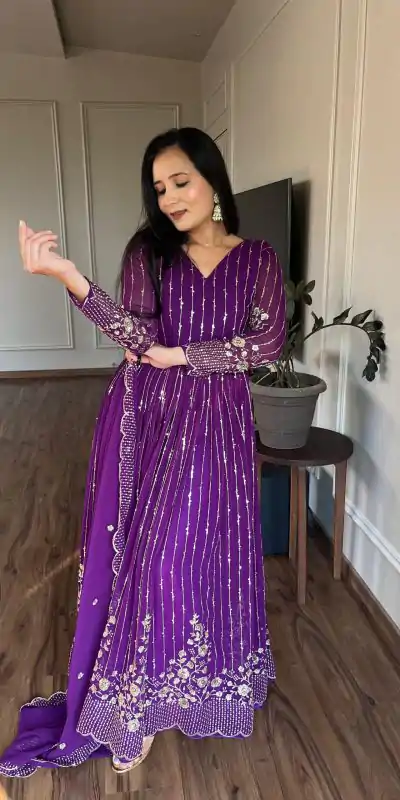 Ram 065 Purple Fox Georgette sequence Embroidery Work With Gown Wedding, Party, Festive, Events Etc.4-6 Working Days@ 2149/-only | Bollywood Gowns, Creative Gowns, Designer Gowns, Embroidered Gowns, Gowns, Party Wear Gowns