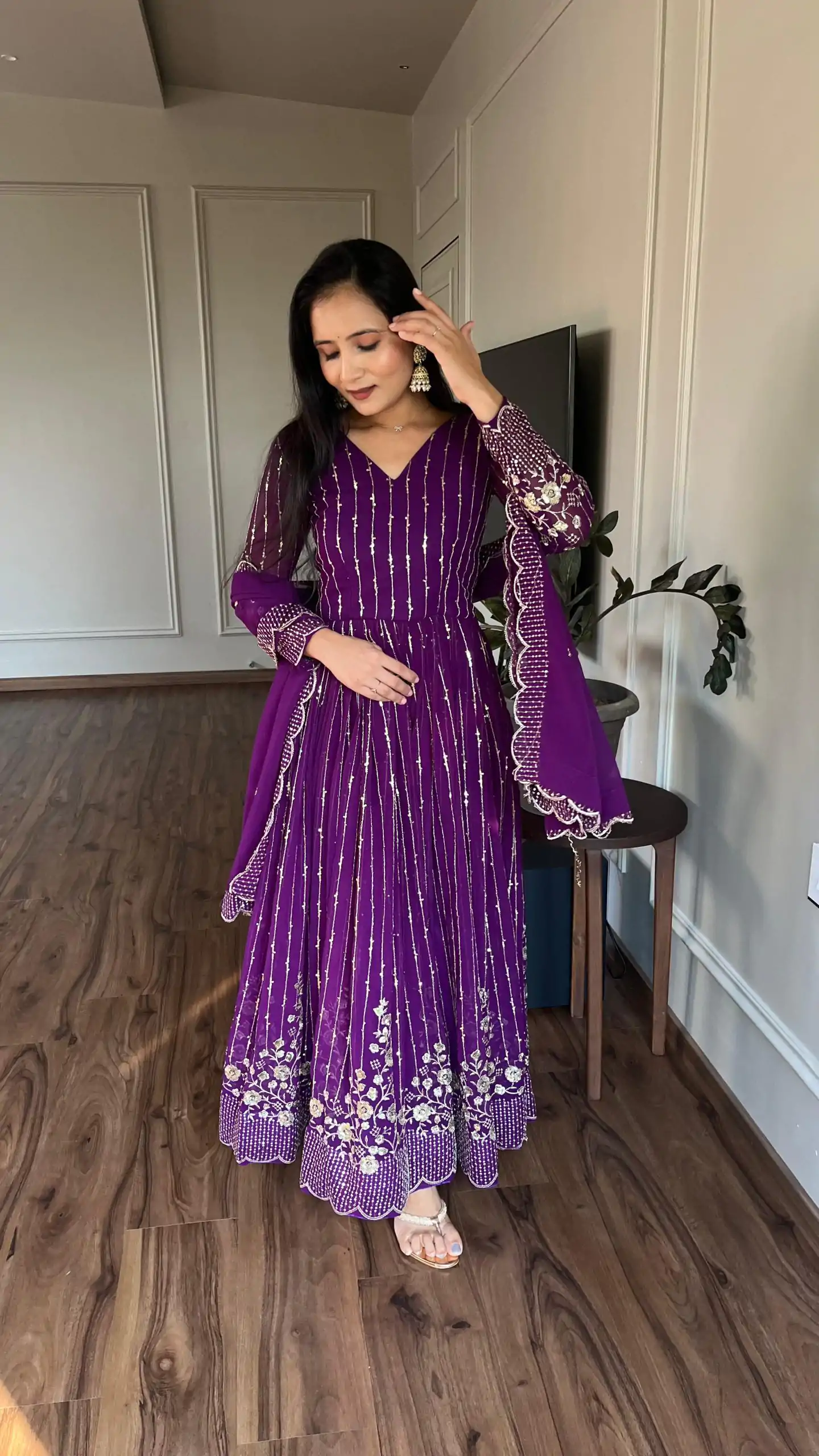Ram 065 Purple Fox Georgette sequence Embroidery Work With Gown Wedding, Party, Festive, Events Etc.4-6 Working Days@ 2149/-only | Bollywood Gowns, Creative Gowns, Designer Gowns, Embroidered Gowns, Gowns, Party Wear Gowns