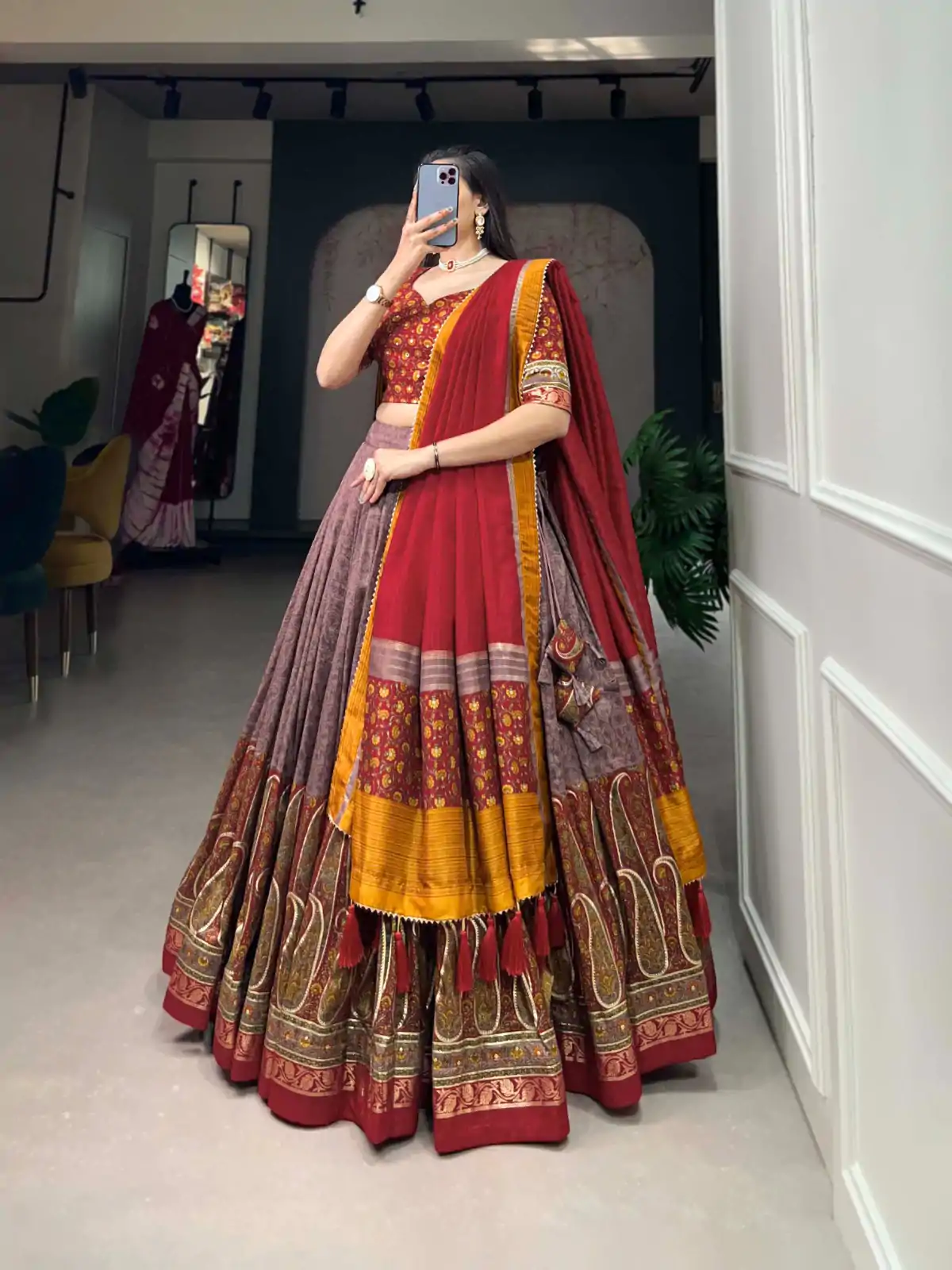 LNB 1209 Red Color Tussar Silk Kashmiri Print With Foil Print Lehenga Choli Wedding, Party, Festive, Events Etc. Delivery 4-6 Working Days Rs 2599 | Bollywood Lehenga, Creative Lehenga, Designer Lehenga, Embroidered Lehenga, Lehenga, Party Wear Lehenga